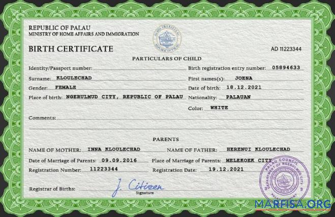 Downloadable Palau birth certificate PSD template